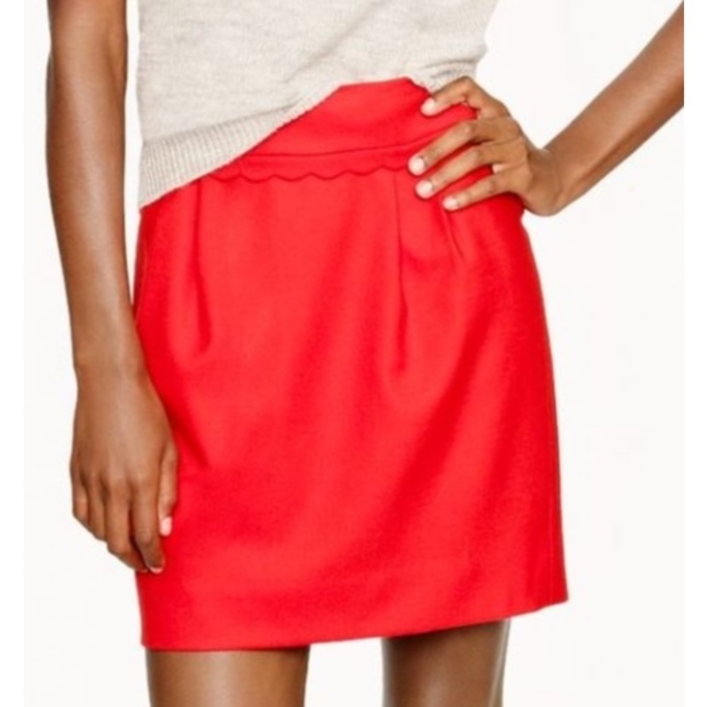 J Crew Poppy Red Scalloped Waist stretch wool Flannel Skirt Sz 12